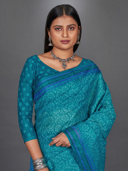 MANGALGIRI Teal Printed Pure Cotton Saree