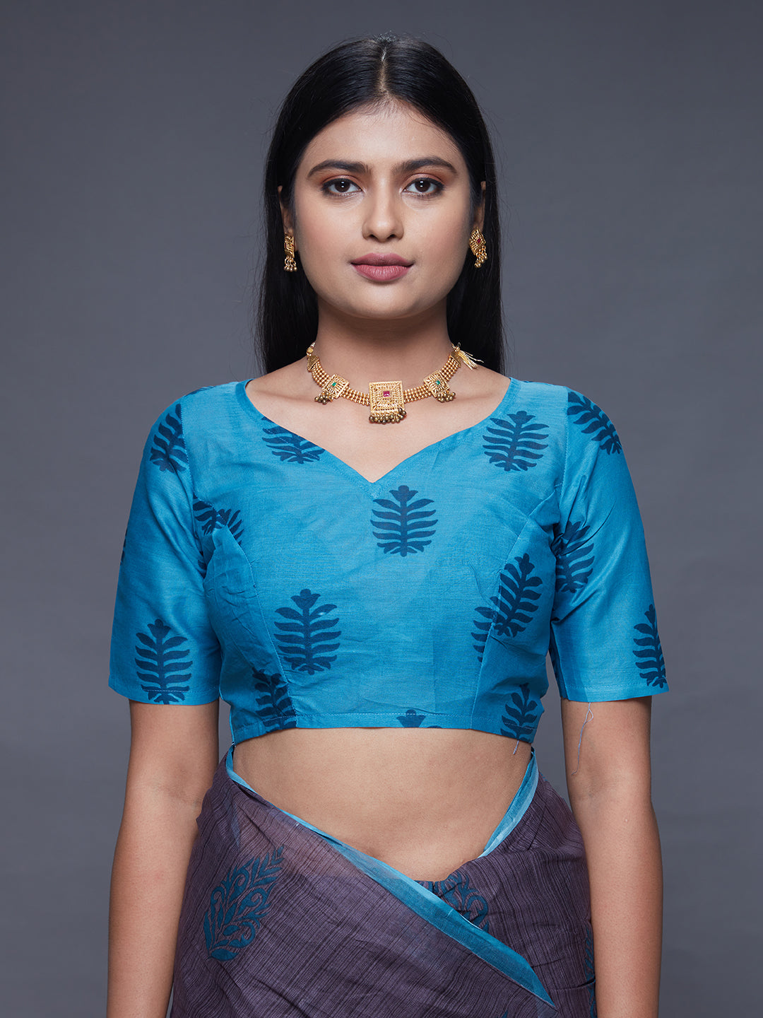 CHANDANI Grey & Blue Printed Pure Cotton Saree