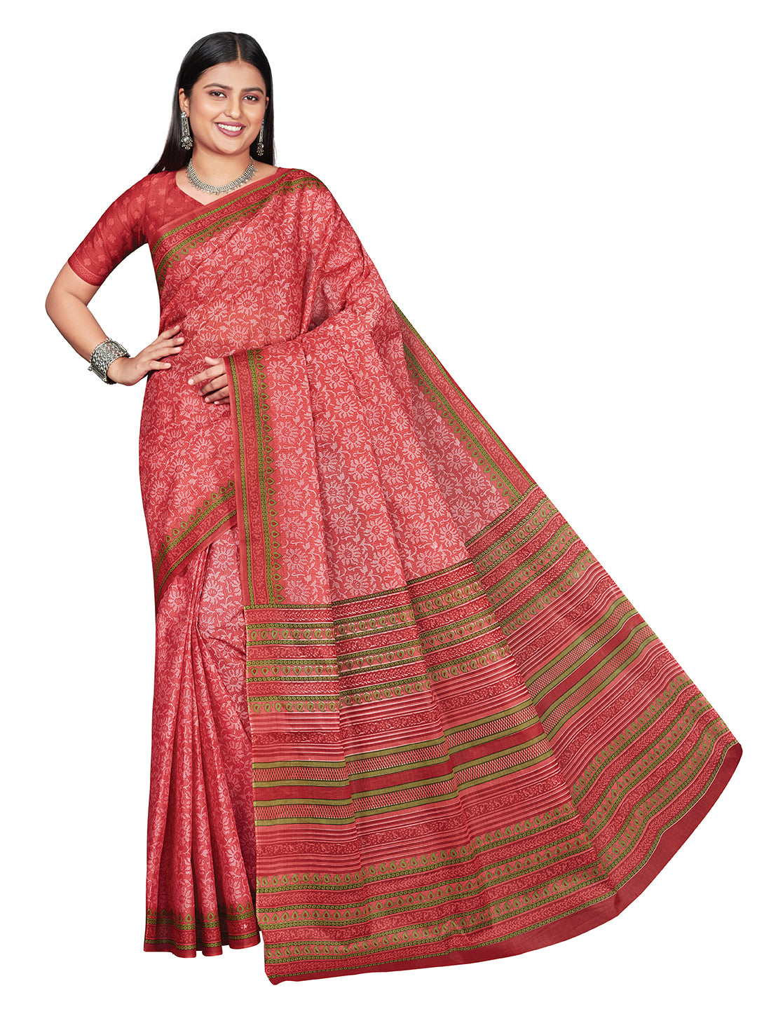 MANGALGIRI Red Printed Pure Cotton Saree