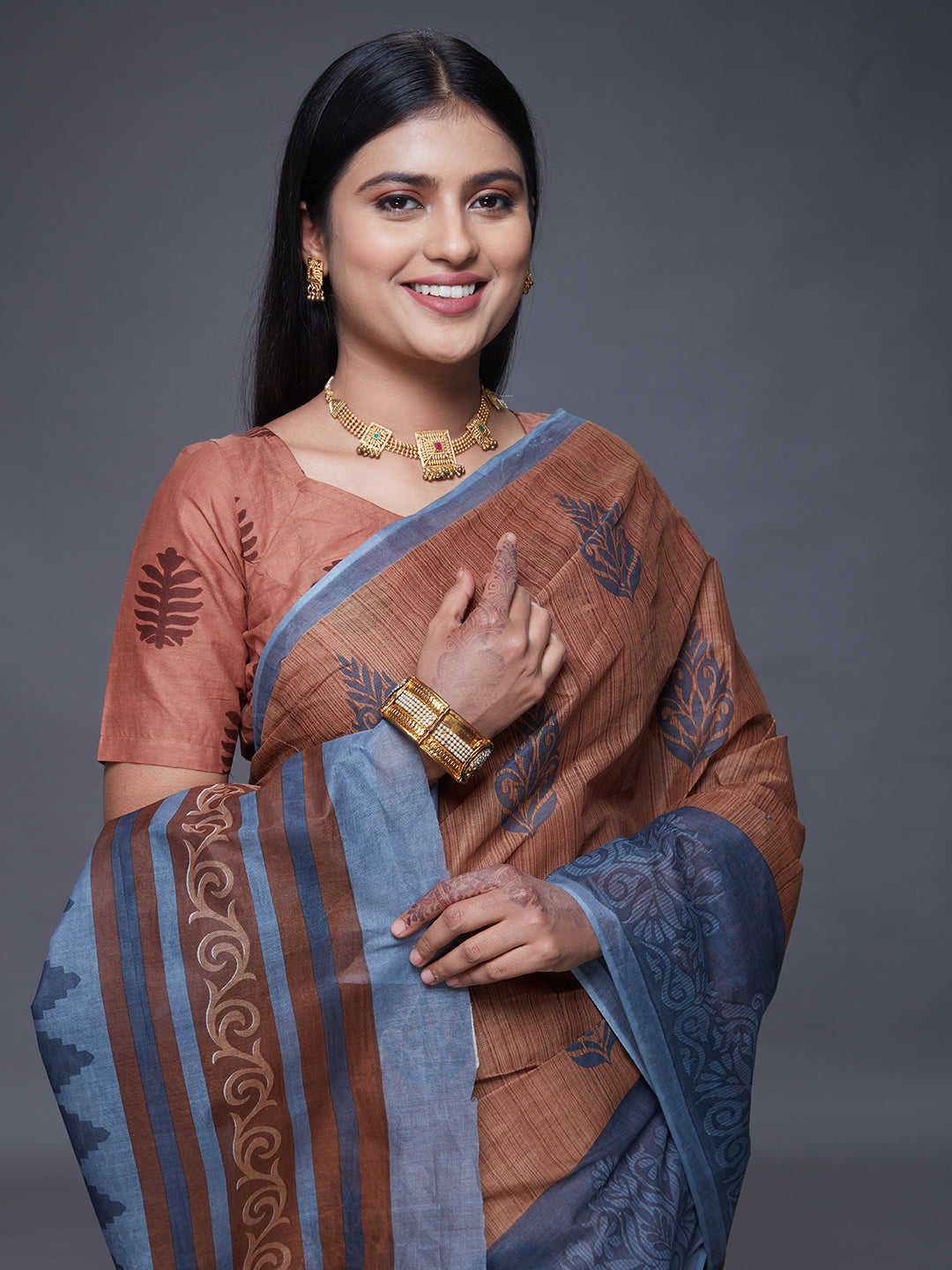 CHANDANI Brown & Grey Printed Pure Cotton Saree
