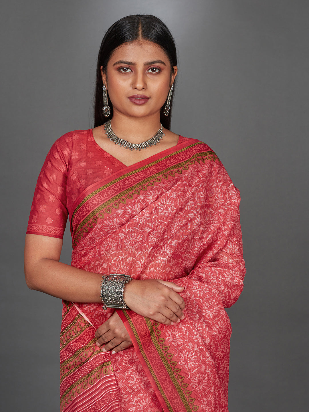 MANGALGIRI Red Printed Pure Cotton Saree
