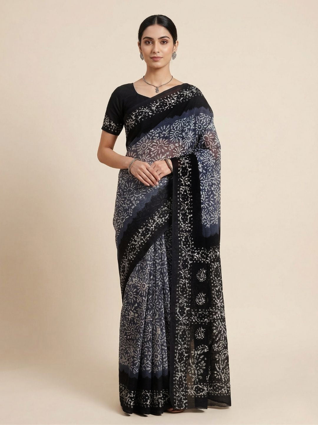 Grey Batik Printed Pure Cotton Saree
