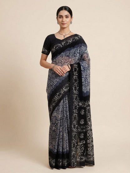 Grey Batik Printed Pure Cotton Saree
