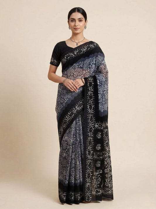 Grey Batik Printed Pure Cotton Saree