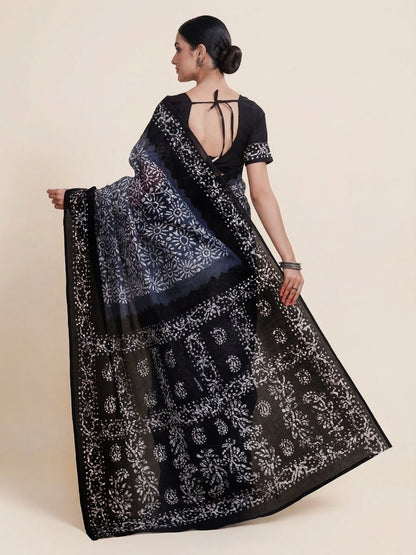 Grey Batik Printed Pure Cotton Saree