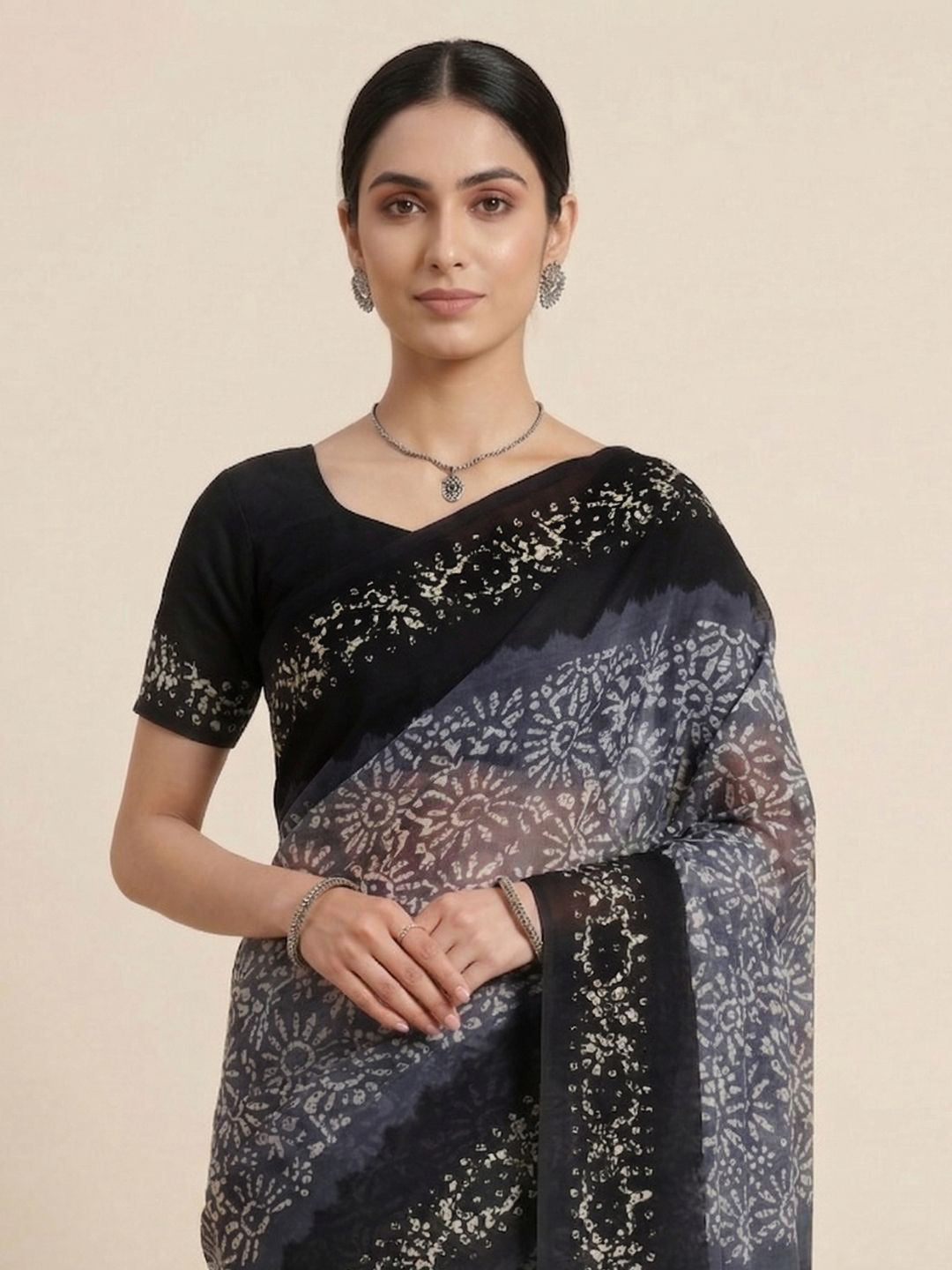 Grey Batik Printed Pure Cotton Saree