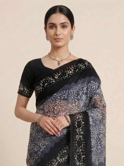 Grey Batik Printed Pure Cotton Saree
