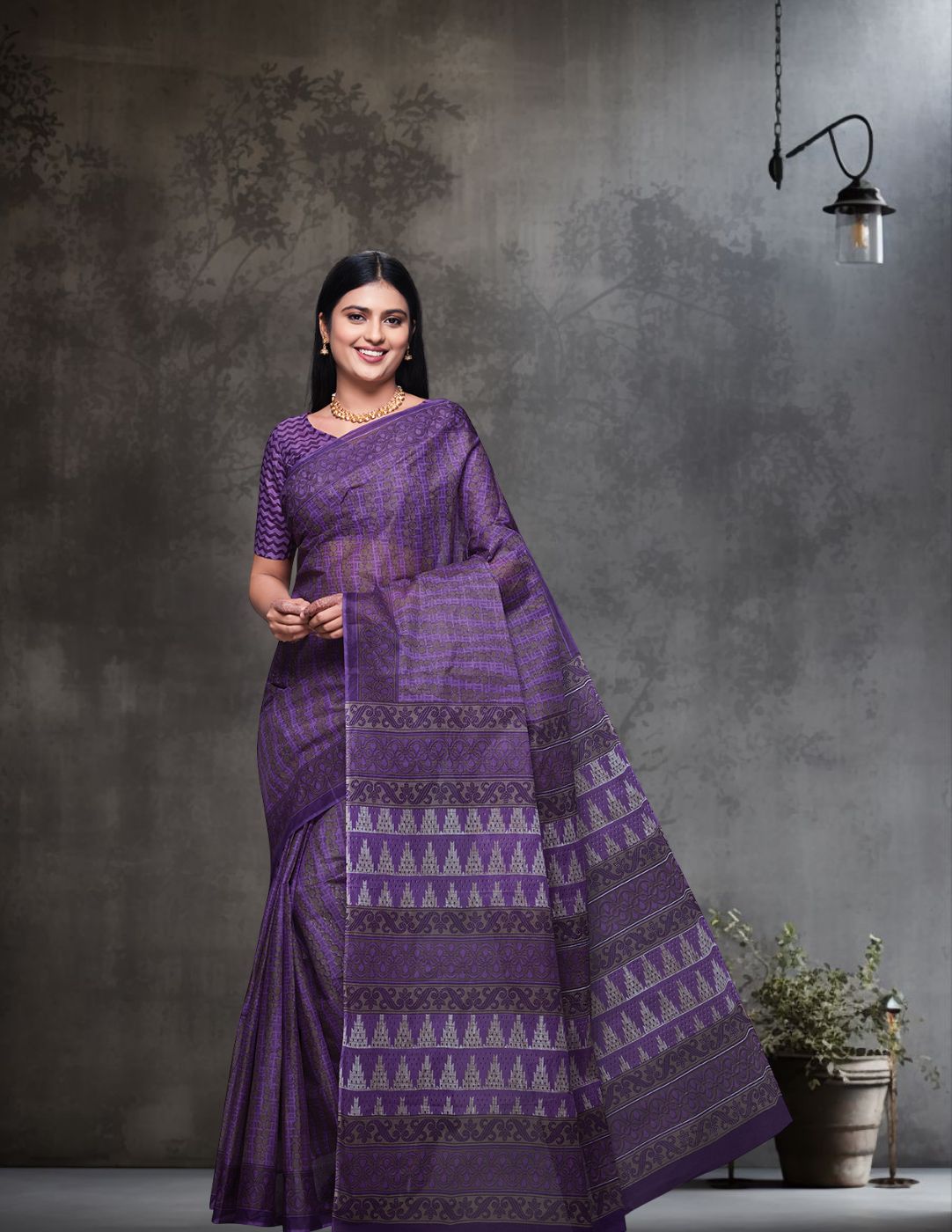 CHANDANI Purple Printed Pure Cotton Saree