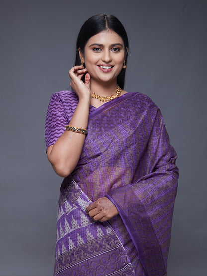 CHANDANI Purple Printed Pure Cotton Saree