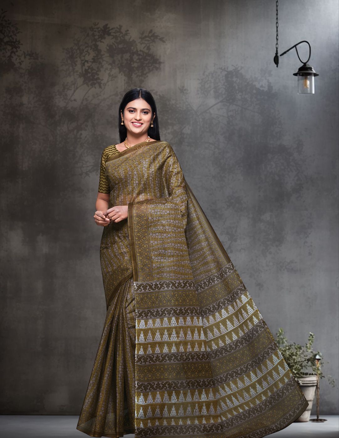 CHANDANI Olive Printed Pure Cotton Saree