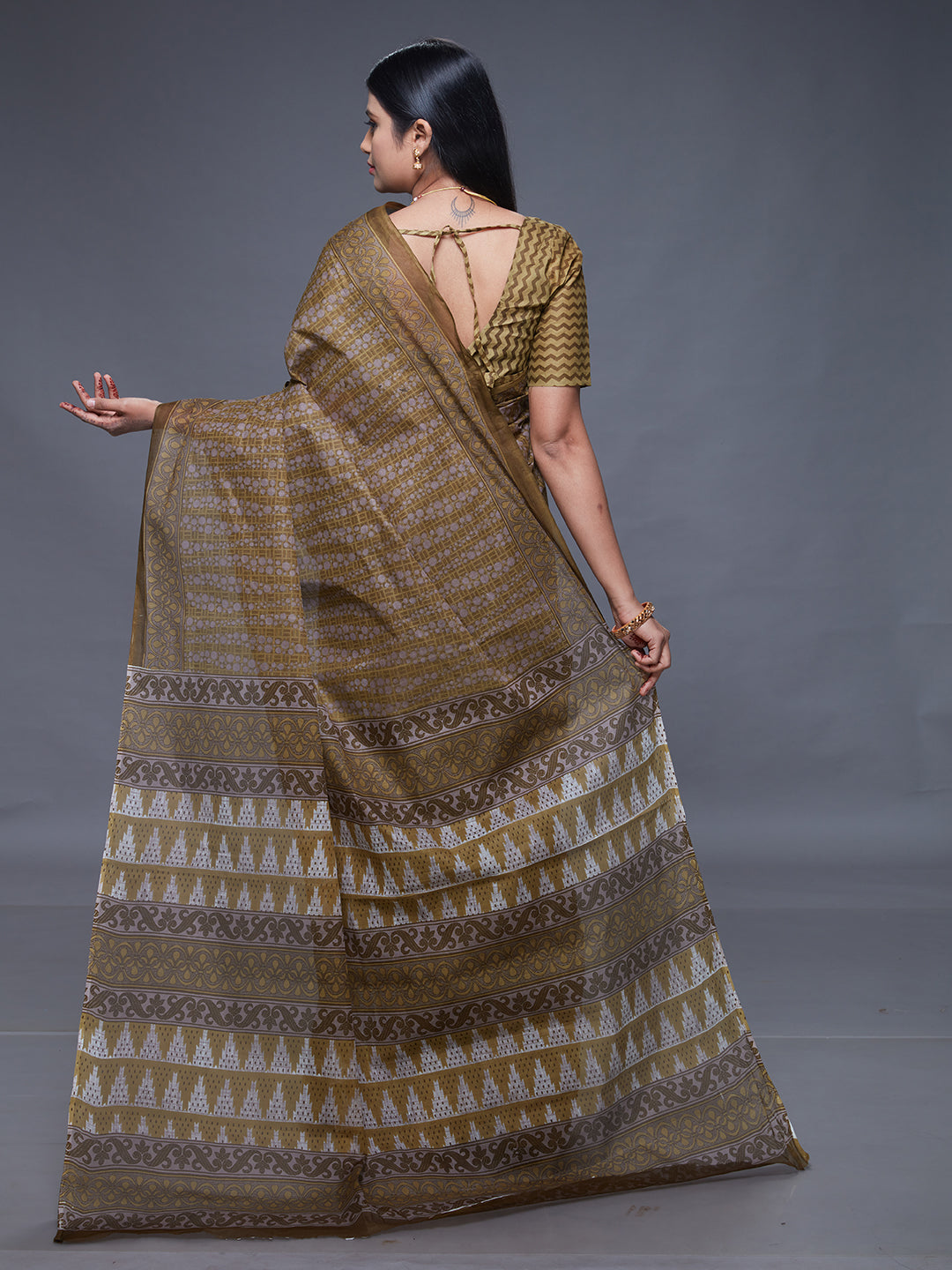 CHANDANI Olive Printed Pure Cotton Saree