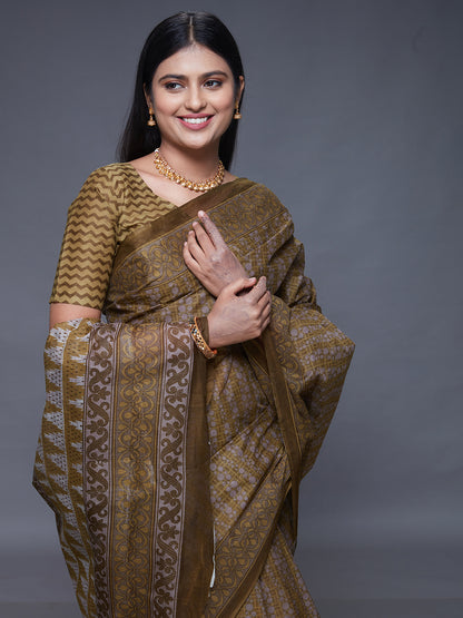 CHANDANI Olive Printed Pure Cotton Saree