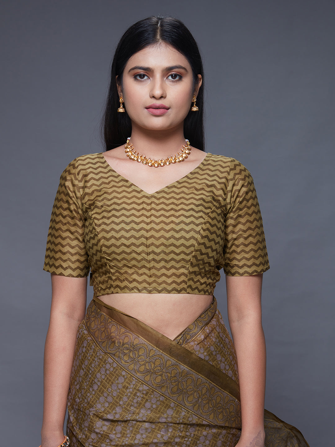 CHANDANI Olive Printed Pure Cotton Saree