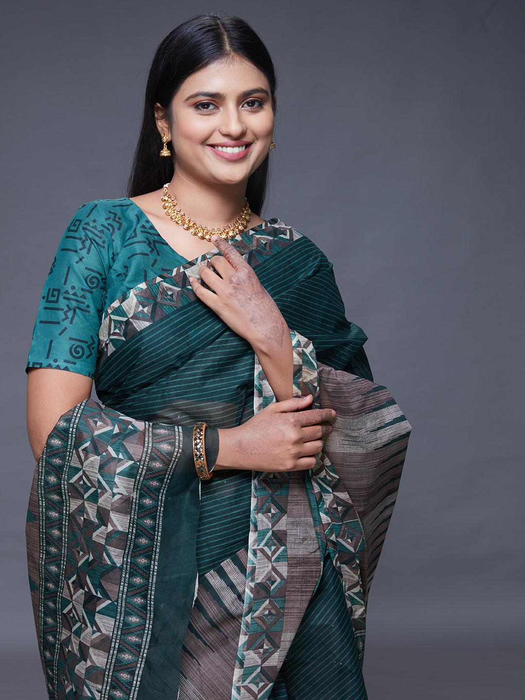CHANDANI Green Printed Pure Cotton Saree