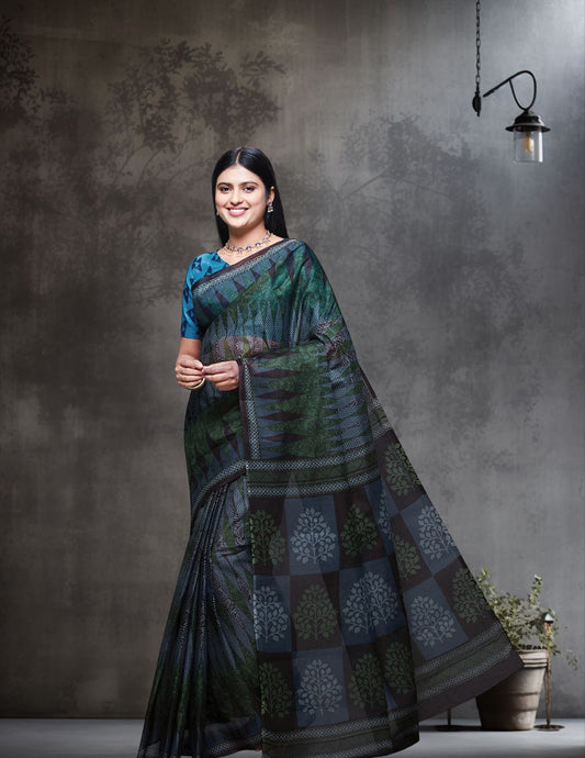 CHANDANI Grey Printed Pure Cotton Saree
