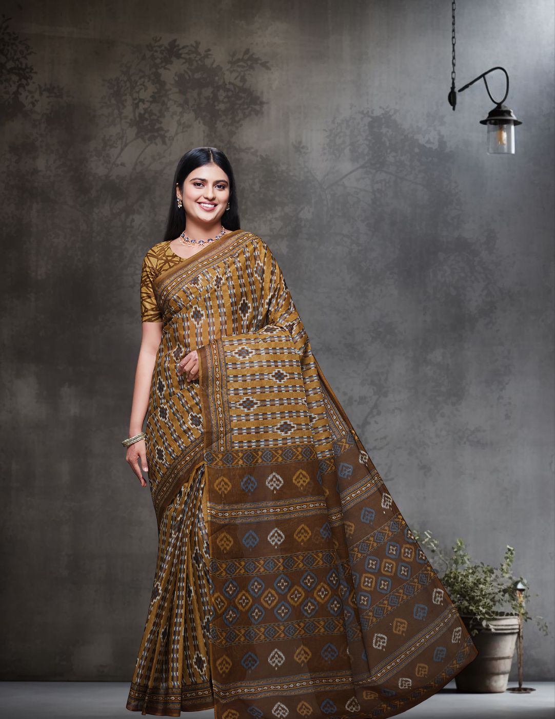 CHANDANI Mustard Printed Pure Cotton Saree