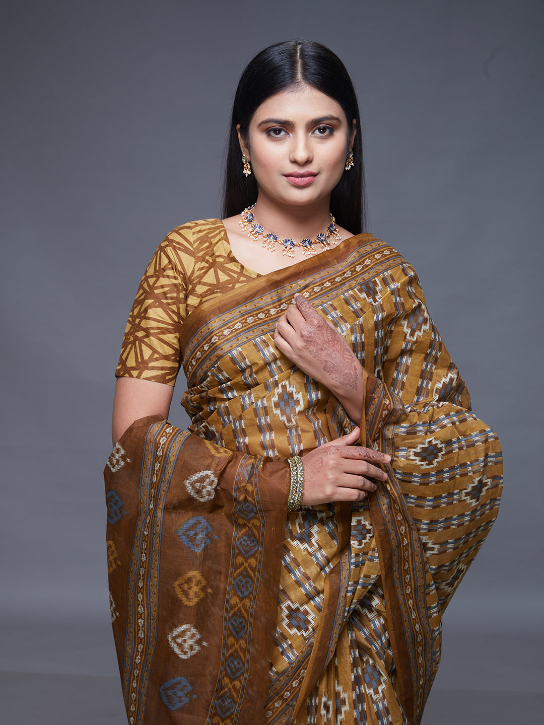 CHANDANI Mustard Printed Pure Cotton Saree