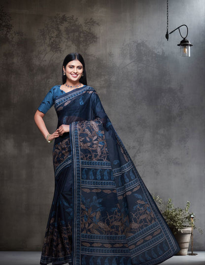 CHANDANI Navy Blue Printed Pure Cotton Saree