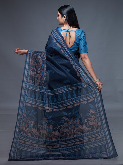 CHANDANI Navy Blue Printed Pure Cotton Saree