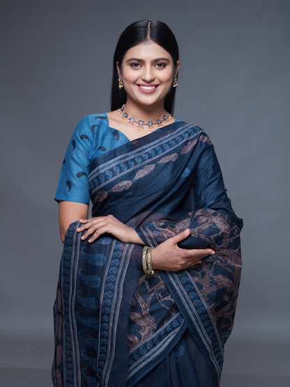 CHANDANI Navy Blue Printed Pure Cotton Saree