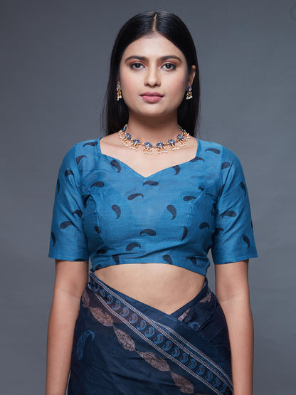 CHANDANI Navy Blue Printed Pure Cotton Saree
