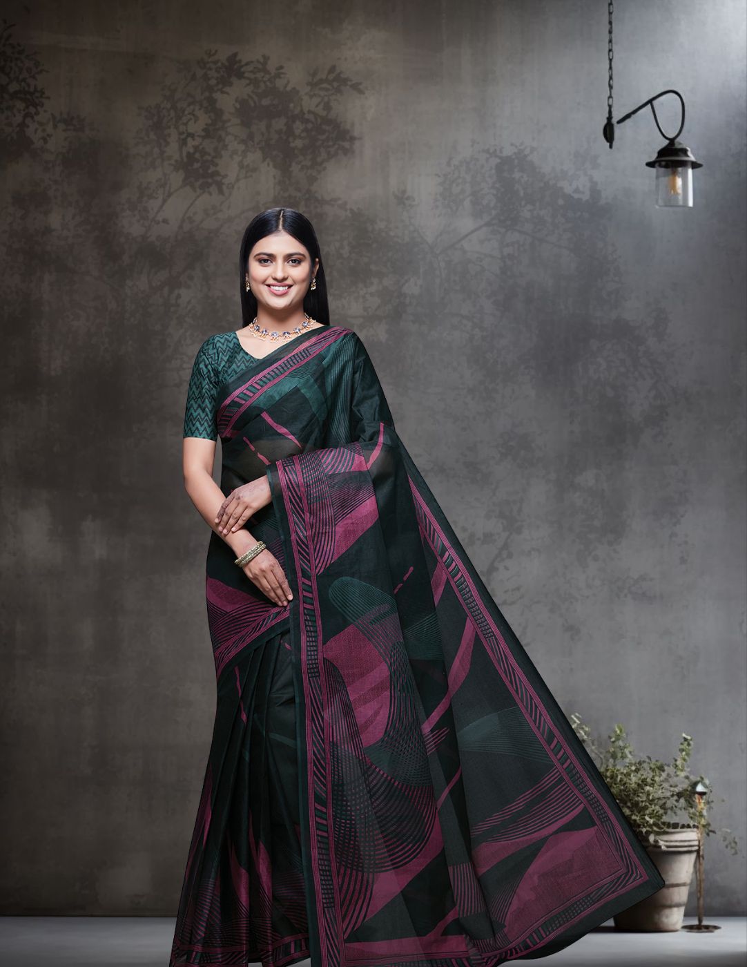 CHANDANI Bottle Green Printed Pure Cotton Saree