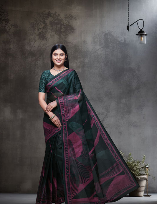 CHANDANI Bottle Green Printed Pure Cotton Saree