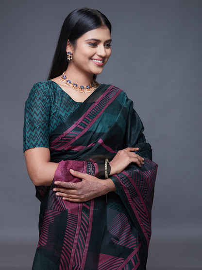 CHANDANI Bottle Green Printed Pure Cotton Saree