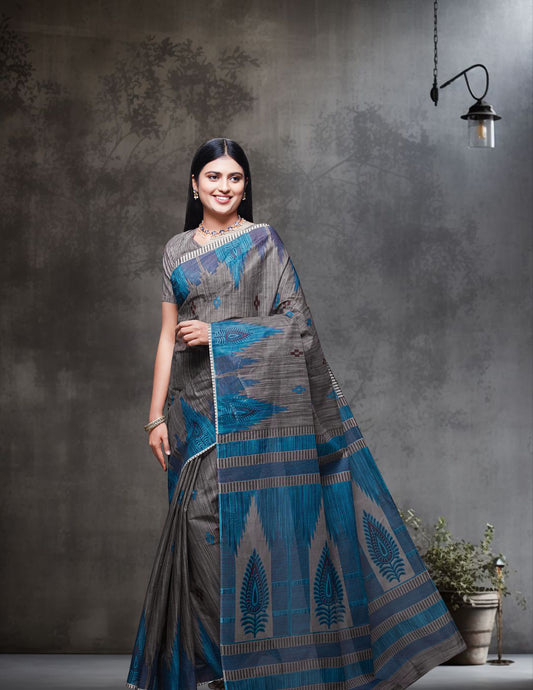 CHANDANI Grey Printed Pure Cotton Saree