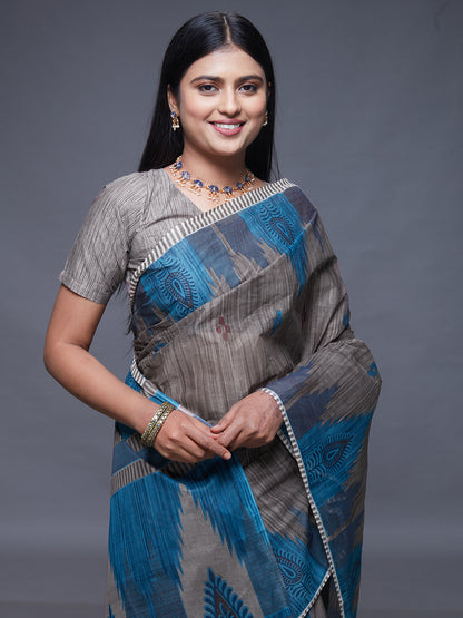 CHANDANI Grey Printed Pure Cotton Saree