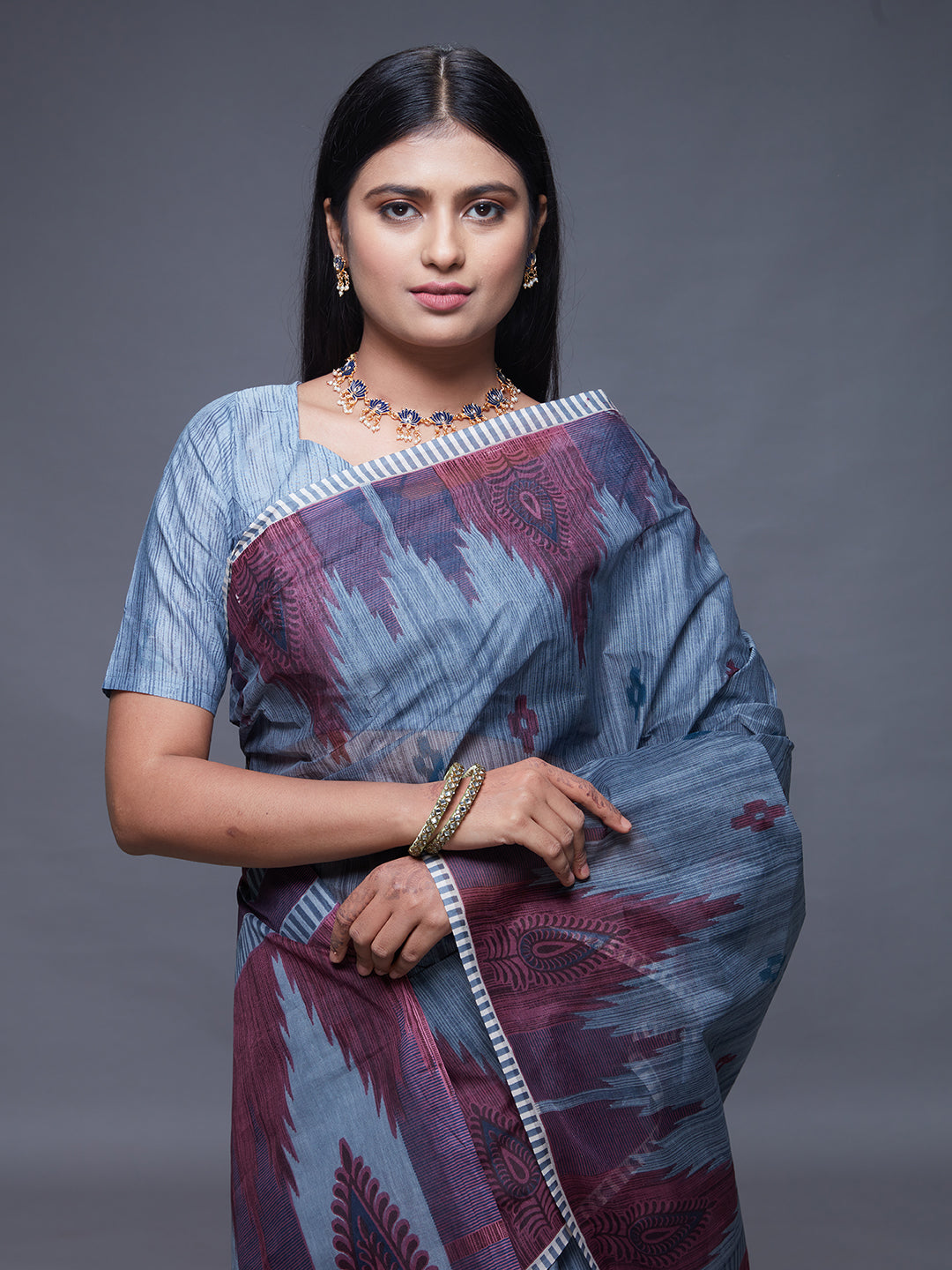 CHANDANI Grey Printed Pure Cotton Saree