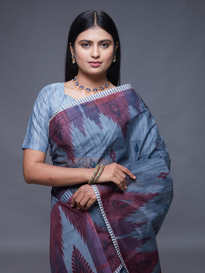 CHANDANI Grey Printed Pure Cotton Saree