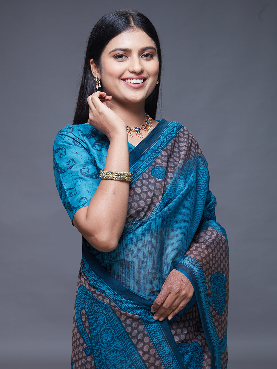 CHANDANI Blue Printed Pure Cotton Saree