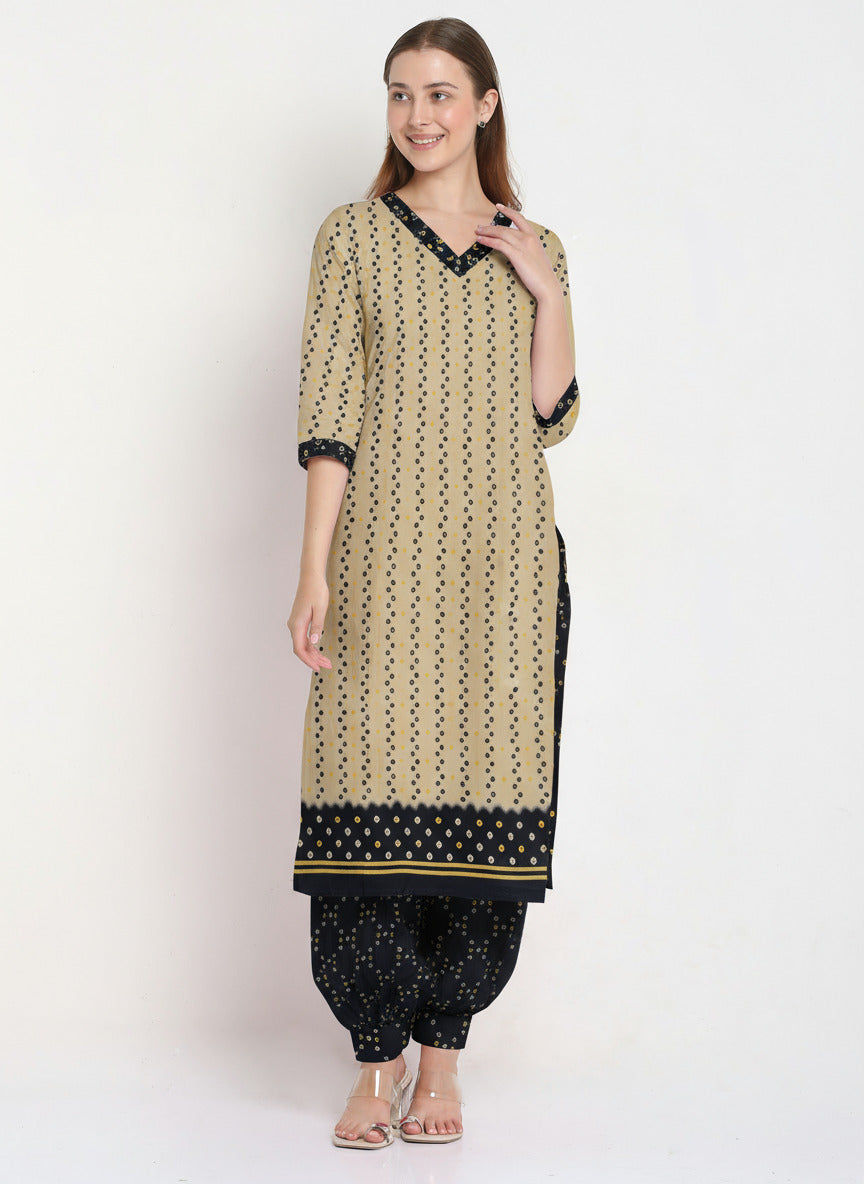 Beige Cotton Printed Unstitched Dress Material (2 Pc)