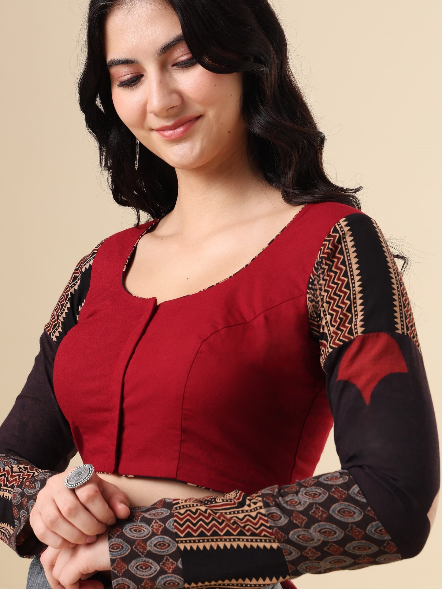 Maroon Pure Cotton Ajrakh Hand Block Printed Full Sleeves Readymade Blouse
