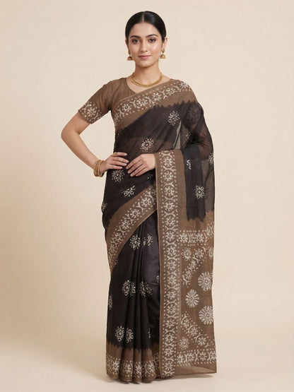 Black Batik Printed Pure Cotton Saree
