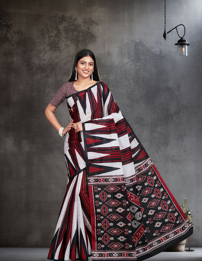 ORISHA COTTON Maroon Sambalpuri Printed Pure Cotton Saree