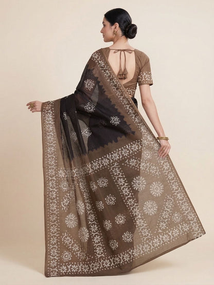 Black Batik Printed Pure Cotton Saree