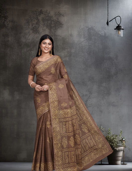 TANUSHRI Brown Printed Pure Cotton Saree