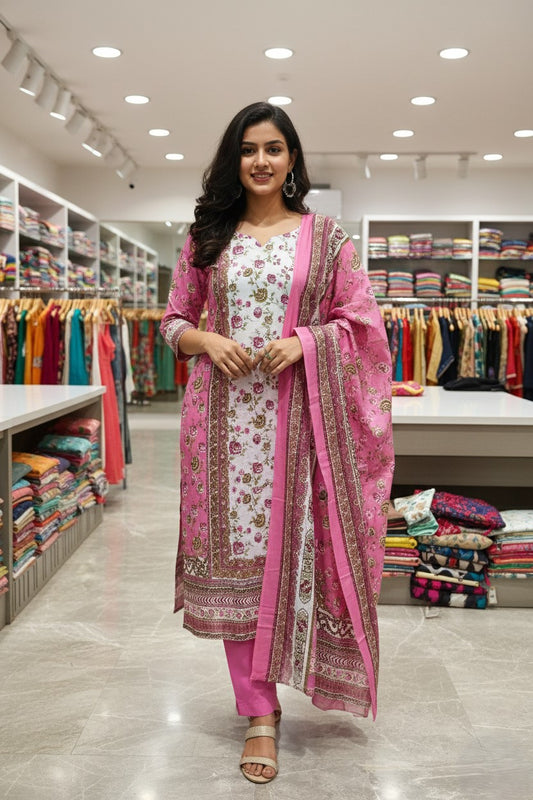 Pink Cotton Printed Unstitched Dress Material