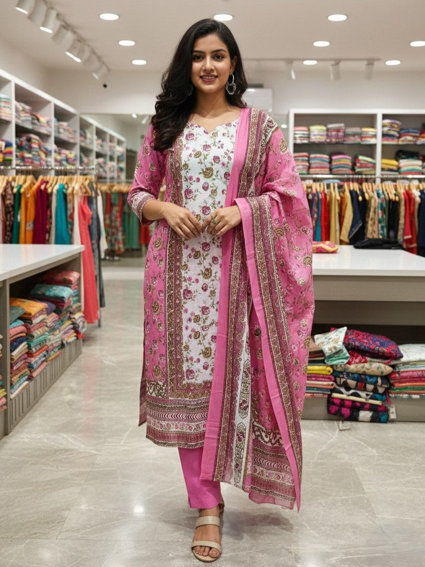 Pink Cotton Printed Unstitched Dress Material