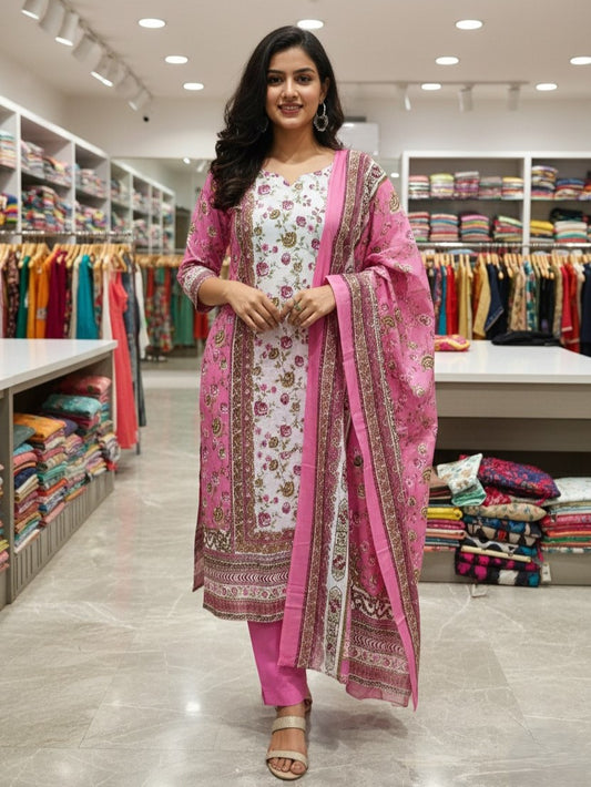 Pink Cotton Printed Unstitched Dress Material