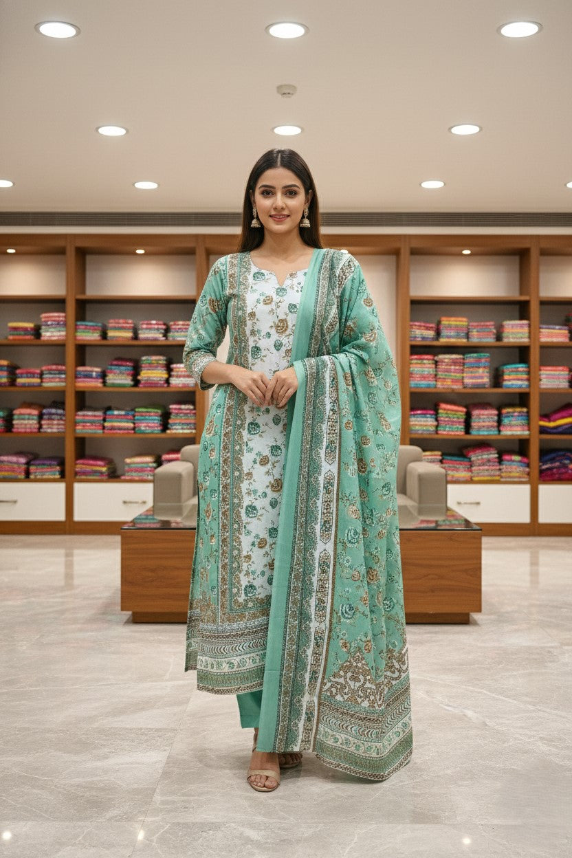 Green Cotton Printed Unstitched Dress Material