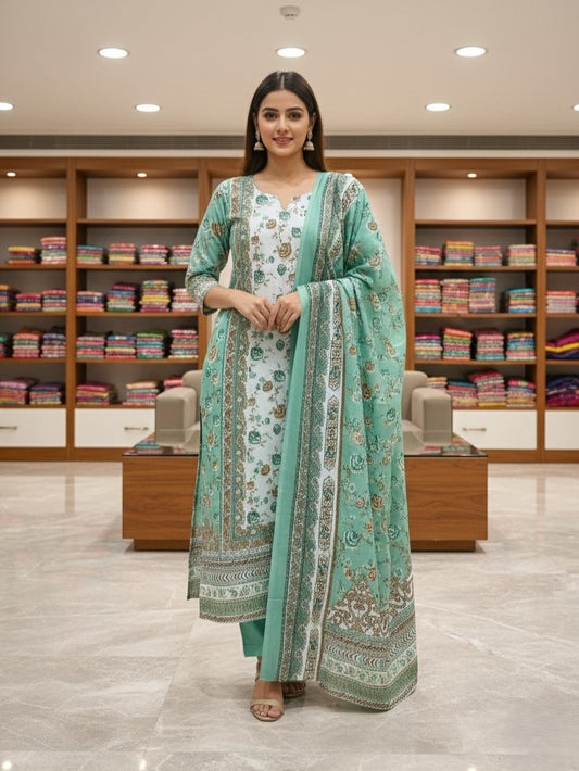 Green Cotton Printed Unstitched Dress Material