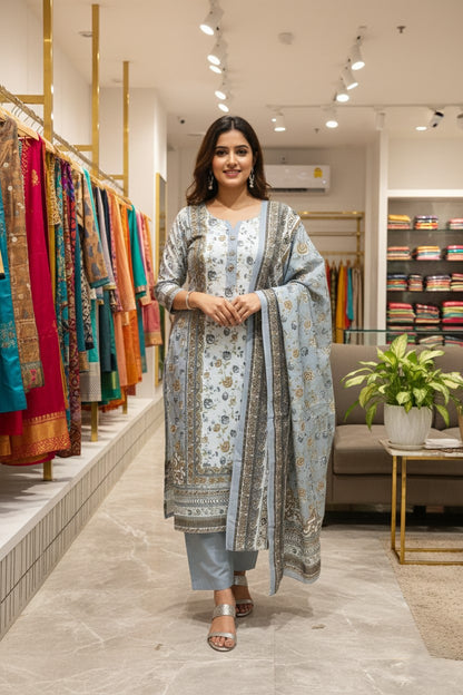 Grey Cotton Printed Unstitched Dress Material