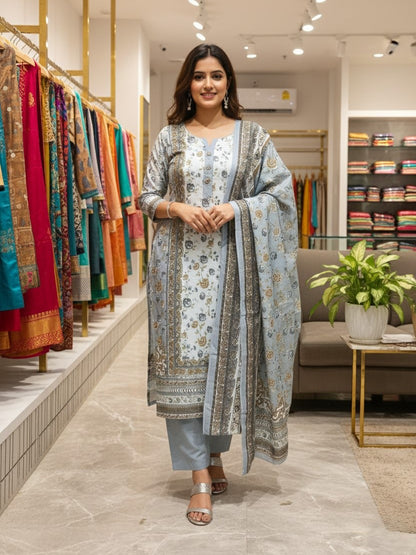 Grey Cotton Printed Unstitched Dress Material