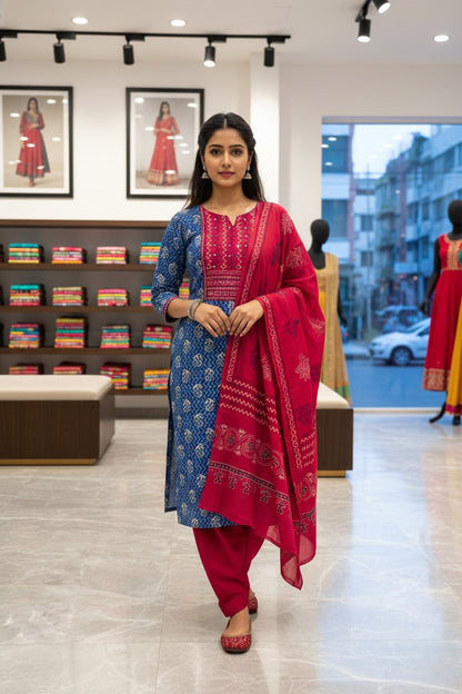 Blue Cotton Printed Unstitched Dress Material