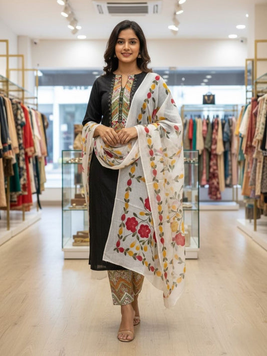 Black Cotton Printed Unstitched Dress Material