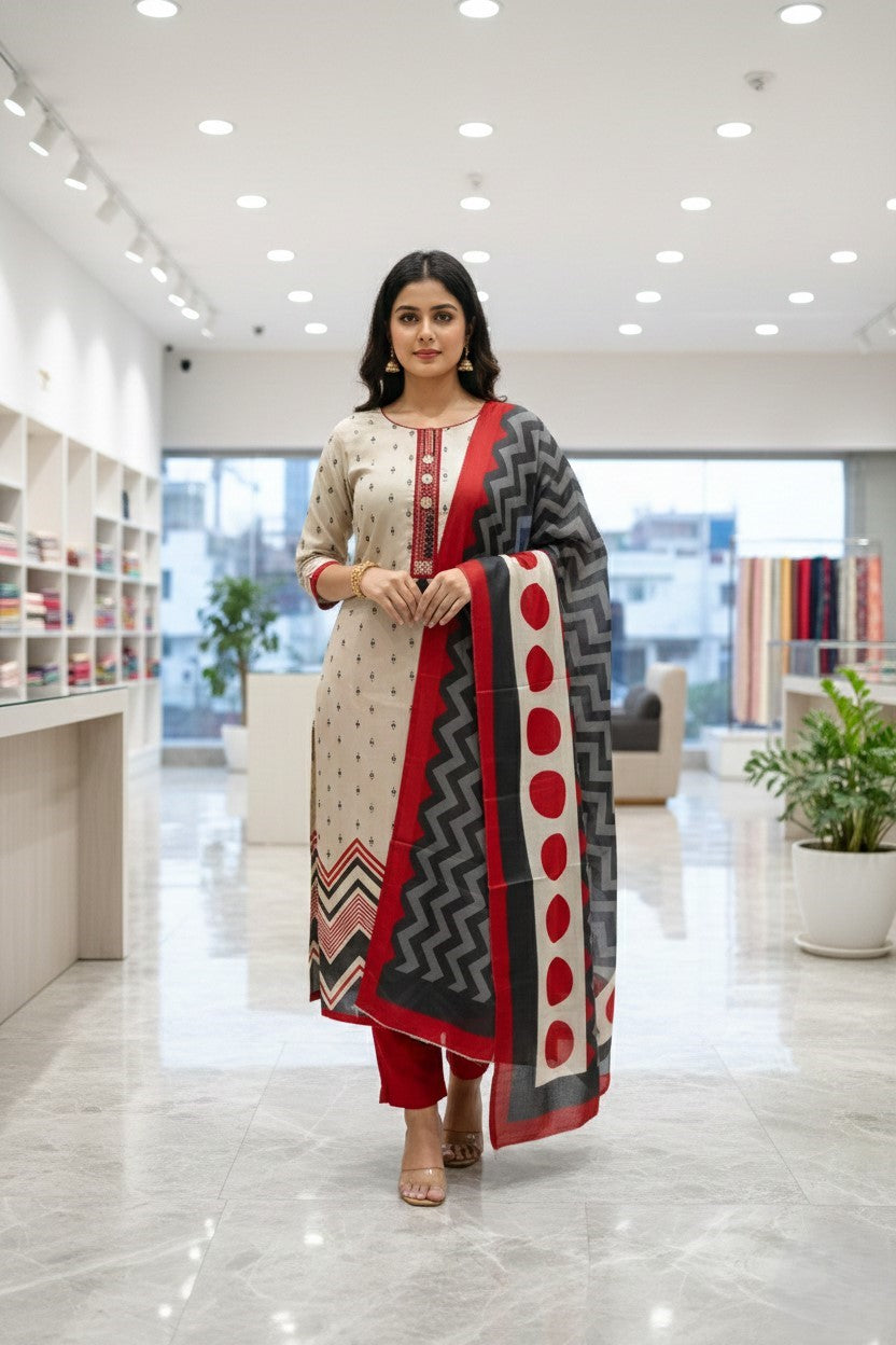 Beige Cotton Printed Unstitched Dress Material