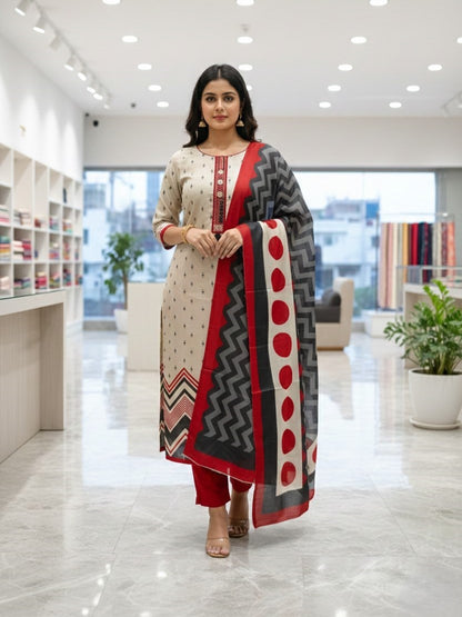 Beige Cotton Printed Unstitched Dress Material